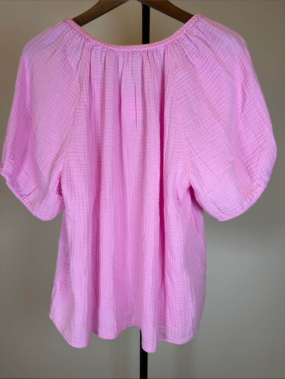 J. Crew Factory Pink Cotton Gauze Puff Sleeve Braided Neck Top | Size XL - Picture 7 of 8